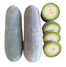 Two whole winter melons and four sliced winter melons on a white background